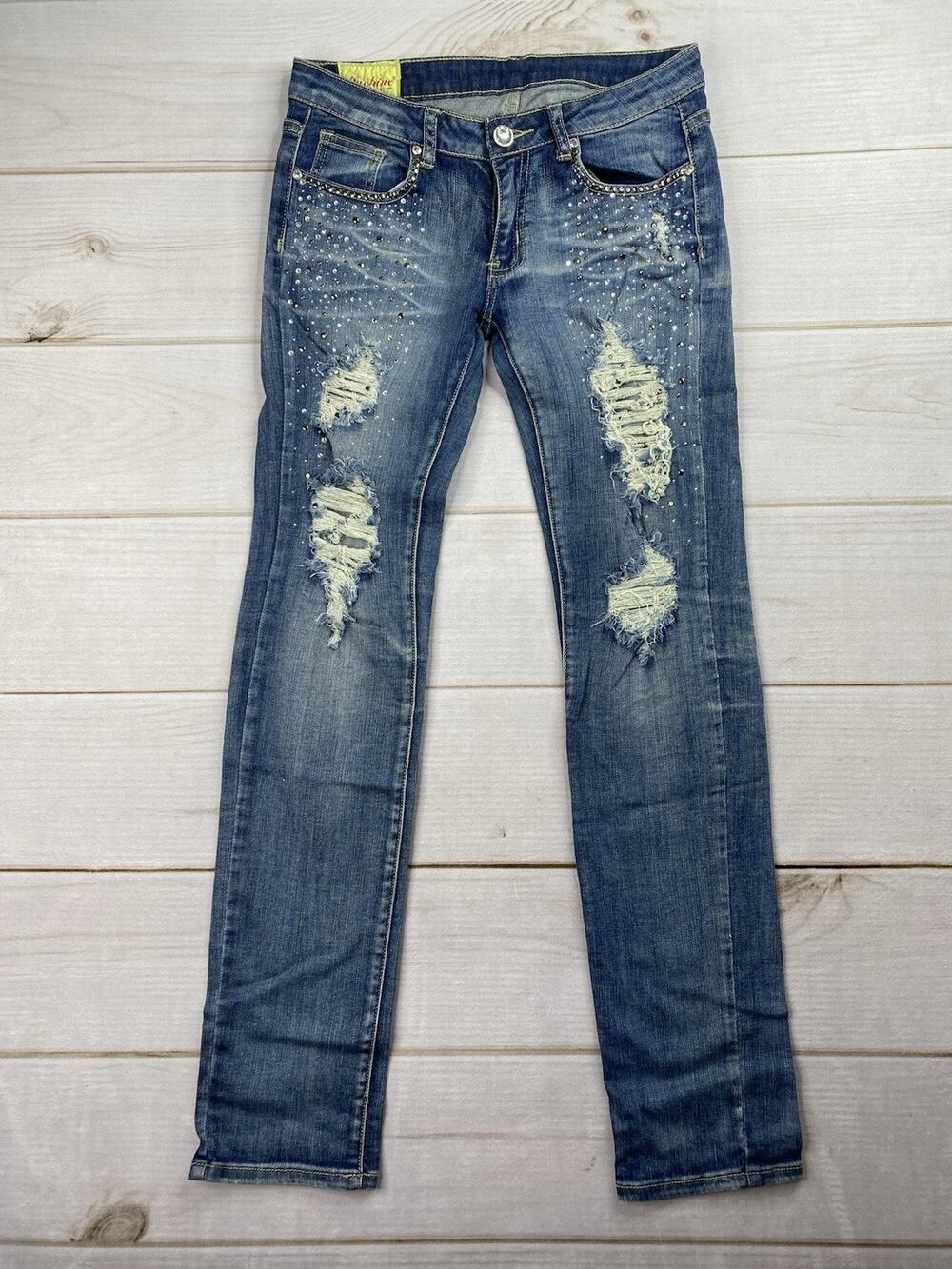 VTG Machine Jeans Women 11 Blue Denim Distressed Low Rise Shredded Y2K Bling